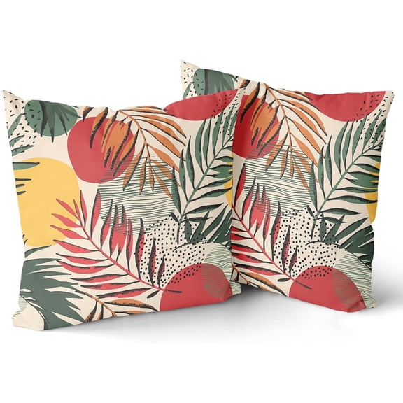Abstract Palm Leaves Pillow Covers 18 x 18 Inch Set of 2, Tropical Green Leaf Red Yellow Geometric Decorative Throw Pillow Cases Fabric Cushion Cover for Sofa Couch Car Bed Patio