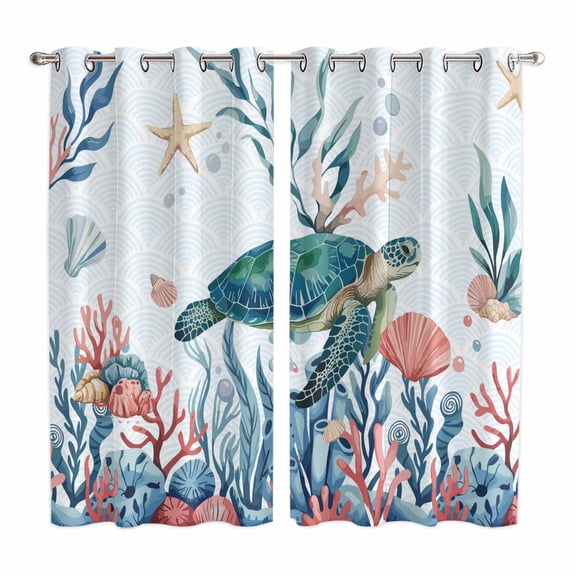 Turtle Coastal Kitchen Curtains Window Panels, Summer Beach Ocean Shell Jellyfish Starfish Insulated Window Treatment Curtain, Grommet Curtains for Bedroom/Living Room/Bathroom, 2 Piece 42"Wx63"L