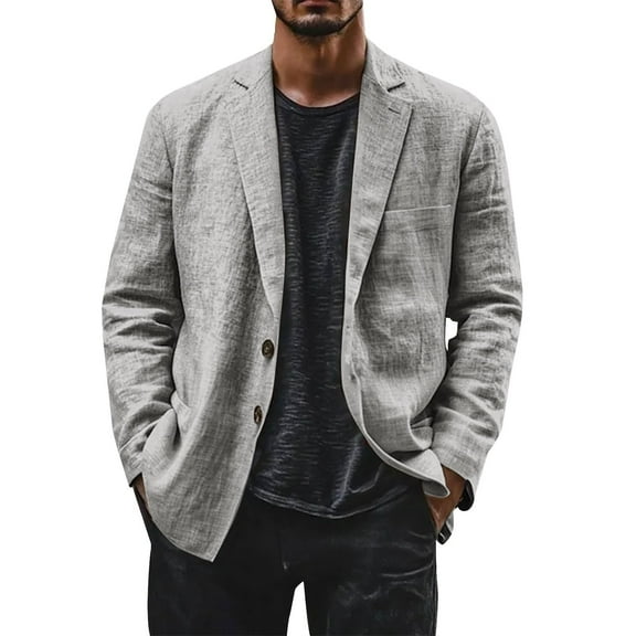 Evdexr Big and Tall Suit Jacket Men Button Down Linen Dress Shirts Striped Cotton Business Jackets Casual Long Sleeve Wrinkle Free Oversized Suits Gray L