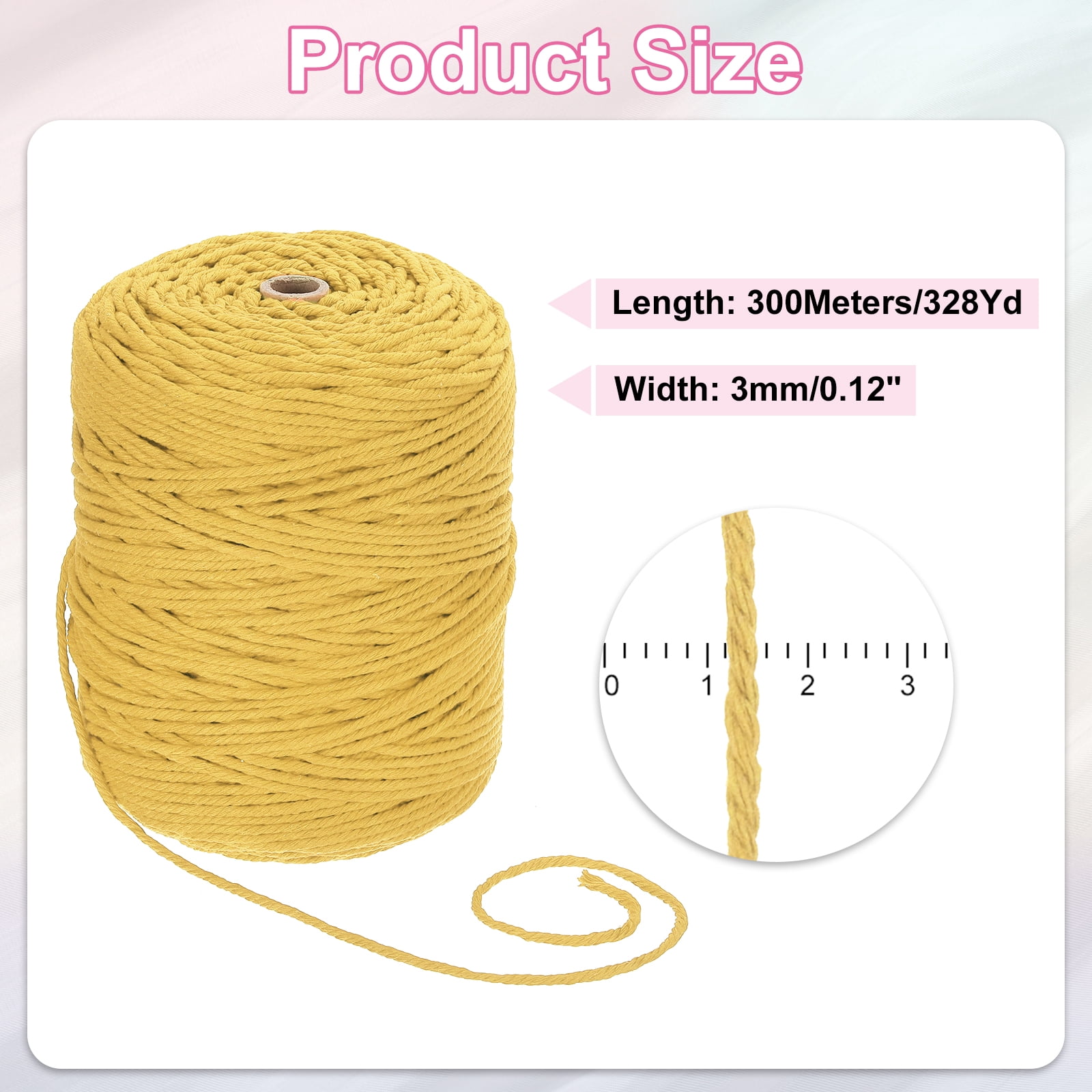 Uxcell Natural Macrame Cord 3mm x 328 Yards 4 Strand Twisted Cotton Macrame Rope for DIY Knitting Plant Wall Hanger Dreamcatcher, Lemon Yellow