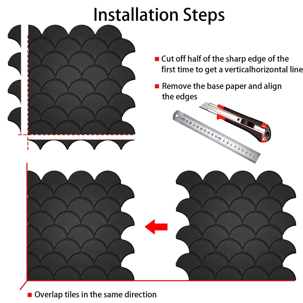 Premium Peel and Stick PET 3D Matte Black Fish Scale Tile Backsplash for Home Walls (10-Sheet)