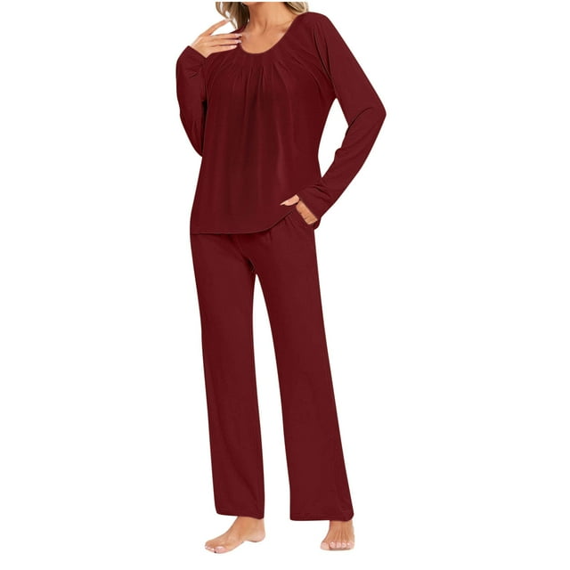 Yuyuzo Ensembles de Pyjama pour Femmes 2 Pcs Pyjamas Vêtements de Détente Col Ras du Cou Manches Longues Hauts Pantalons Doux avec Poches