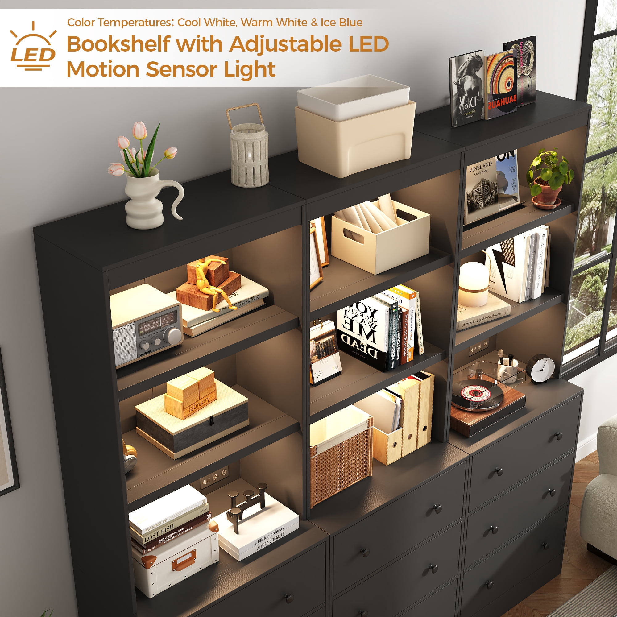 IDEALSOUL 2PCS 71" Tall Bookcase with Drawers, Black Wooden Bookcase with Charging Station & LED Lights, Freestanding Display Cabinet with Shelves for Living Room, Office, Bedroom