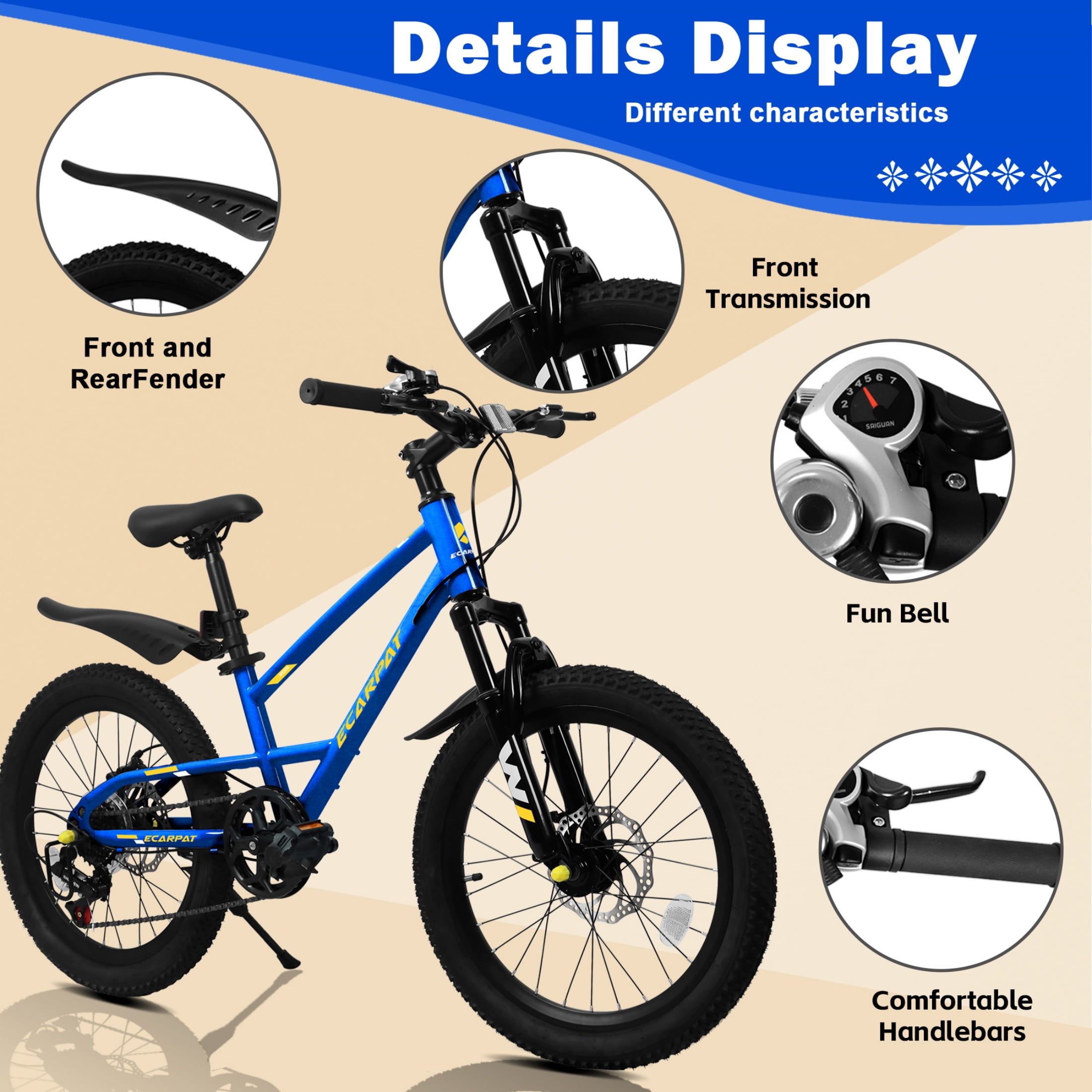 QEEKA 20 Inch Kids Mountain Bike，4.0"/2.125" Wide Non-Slip Tires,7-Speed with Front Suspension,Dual Disc Brakes and Steel Frame,Kids MTB Bicycle for Ages 6-12 Years Old,Blue
