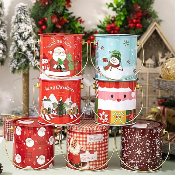 KOYPTL Metal Christmas Storage Box with Handle 8 Inch Santa Decorative Home Kitchen Candy Cookies Jar with Airtight Lid Multi-Purpose Container for Christmas Decorations Holiday Party Supplies(1pc)