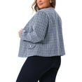 thumbnail image 3 of Agnes Orinda Women's Plus Size Tweed Blazer Plaid Collarless Open Front Long Sleeve Business Casual Jacket Suits with Button Decor 3X Blue, 3 of 6