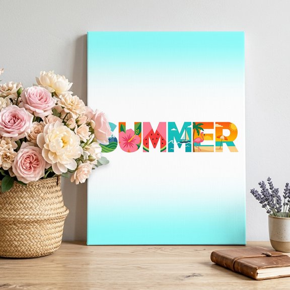 Summer Text Canvas Wall Art for Living Room, Coastal Tropical Minimalist Palm Tree Flamingo Floral Poster Print Painting for Entryway Side Of Cabinet Decoration Wall Pictures Prepare To Hang 8"x12"