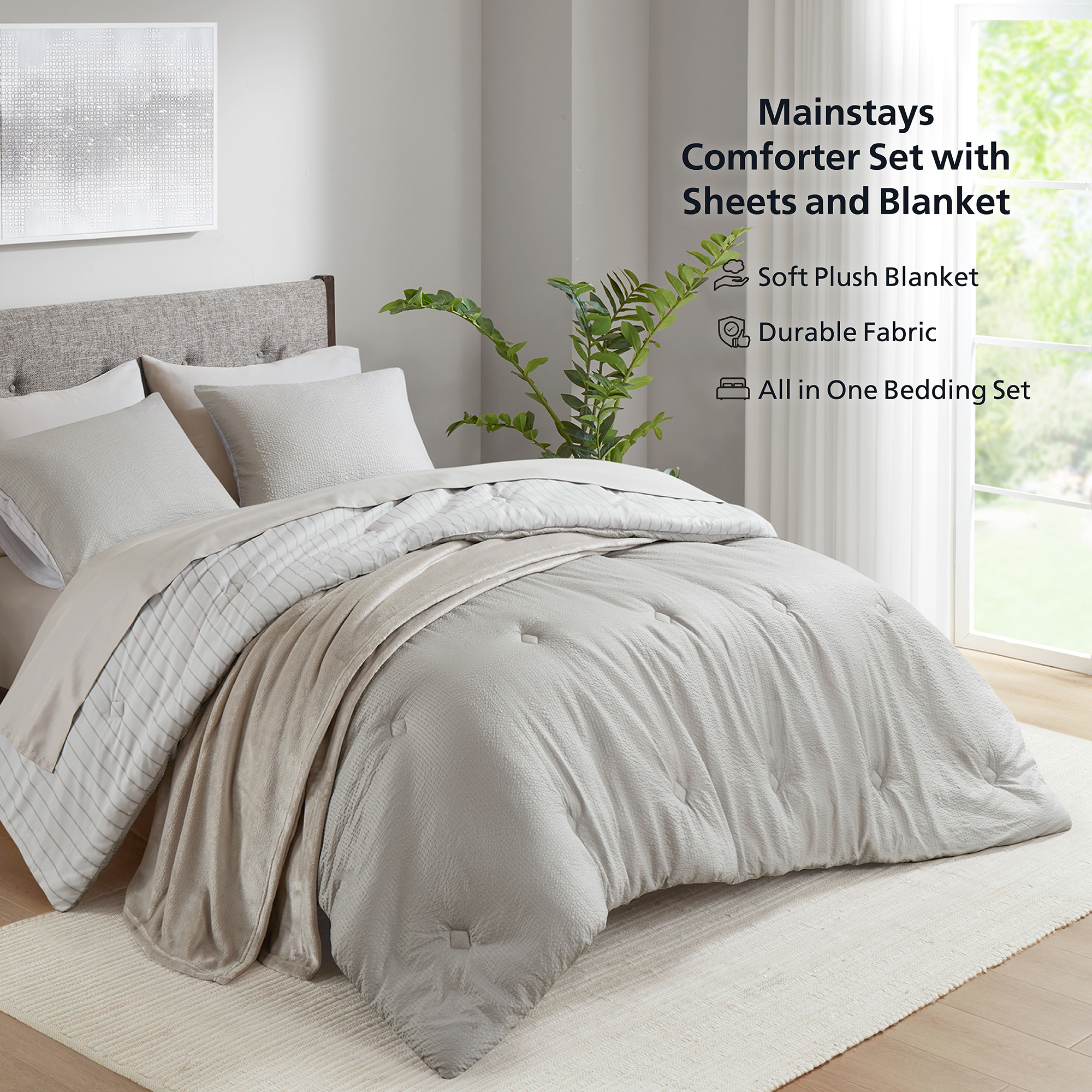 Mainstays 8-Piece Bed in a Bag Comforter Set with Sheets and Blanket, Stone, Queen
