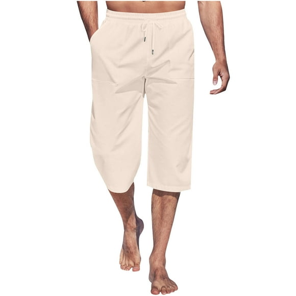 LNWUY Men's Linen Capri Pants Casual Lightweight 3/4 Baggy Pants Drawstring Elastic Waist Beach Yoga Pants with Pockets Yellow XXXL