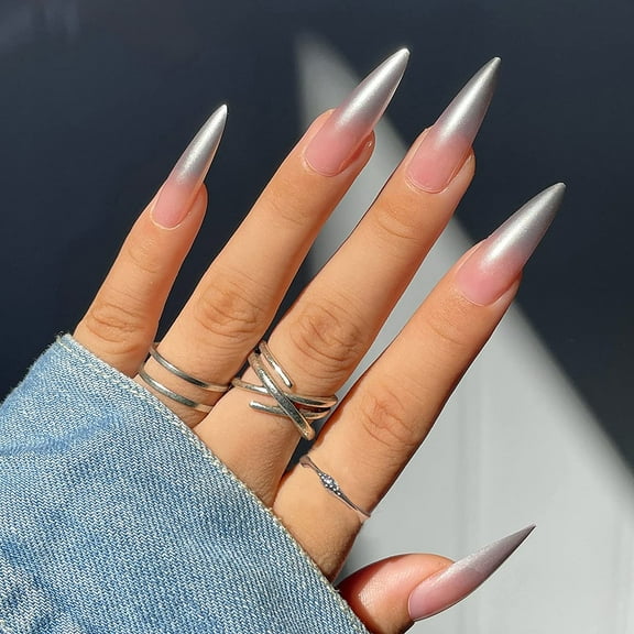 Almond Press on Nails Long Stiletto Fake Nails Glossy Glue on Nails Silver French Tip Gradient Acrylic Nails Chrome Artificial Nails Nude Pink Elegant False Nails with Design 24 pcs 02244Silver