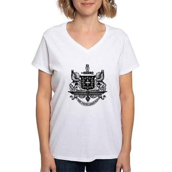 CafePress - Psi Upsilon Black And White Crest T Shirt - Womens Cotton V-Neck T-shirt