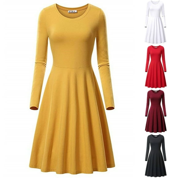 Sentmoon Active Dress Long Sleeve Crew Neck Long Fall Dress Solid Color Loose Breathable Oversized Dress Active for Indoor Music Festival Yellow L
