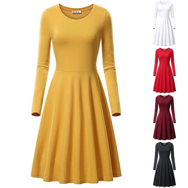 Meichang Robes Midi pour Femmes Manches Longues Ligne A Robes d'Invité de Mariage Automne Décontracté Col Rond Élégant Soirée Longue Robes
