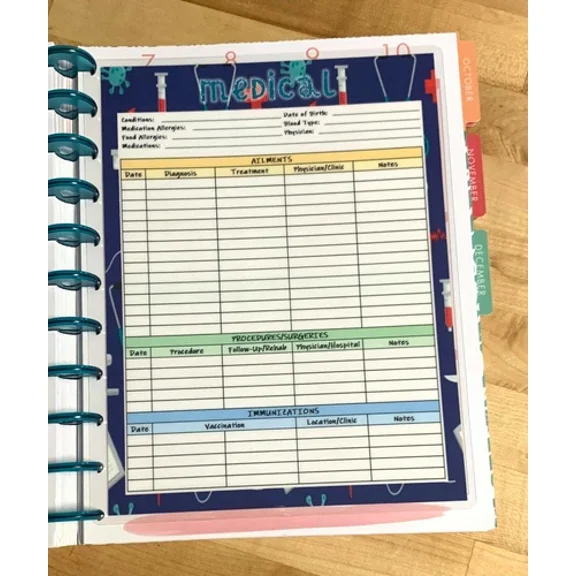Medical History Tracker Two Sided Dashboard For Use With The Big Happy Planner