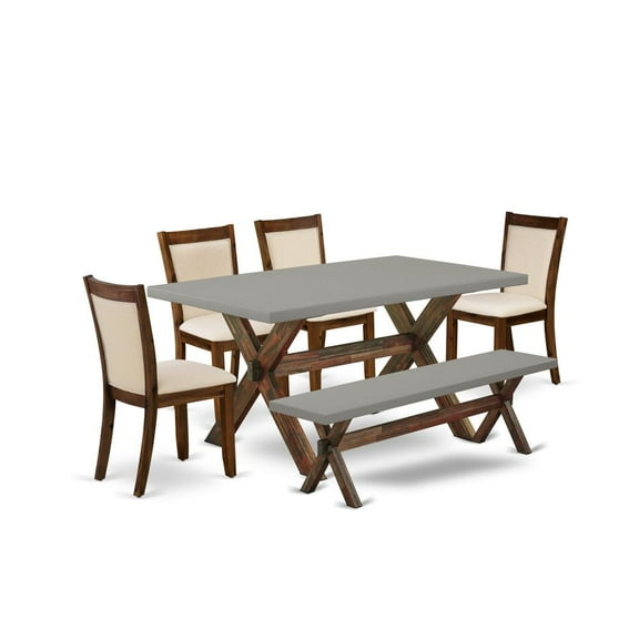 East West Furniture 6-Pc Table Set Contains a Rectangular Table and a Small Bench with 4 Light Beige Linen Fabric Parsons Chairs with Stylish Back - Distressed Jacobean Finish