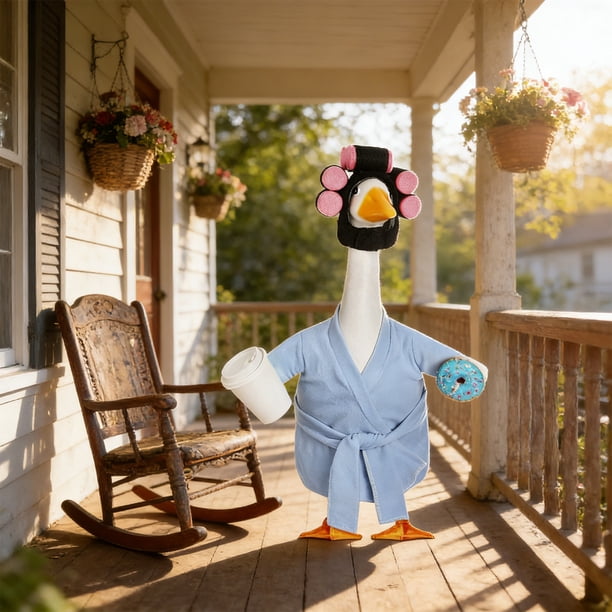 Spring Lady Porch Goose Outfit for 23inch Cement Plastic Lawn Goose Summer Statue Clothes Bathrobe Coffee Cup Curlers for Outdoor Garden Yard Patio Decoration