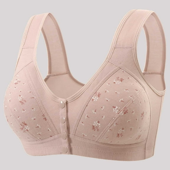 Bralette Style Everyday Bras - Woman's Printing Front Buckle Elastic Style Medium Sized Bra without Steel Rim Pink 44