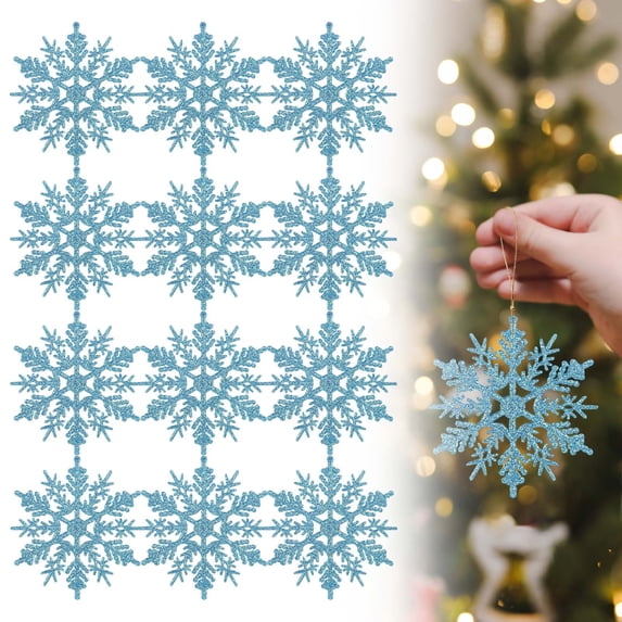 Teal Glitter Hollow Snowflake Ornaments Christmas Tree Window Wall Door Hanging Winter Holiday Decorations 12 Pcs 3.92 Inch