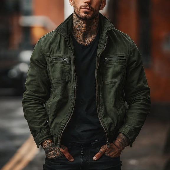 Kakii Men's Corduroy Zip Front Jacket, Long Sleeve Stand Collar Casual Shacket with Two Zipper Pockets