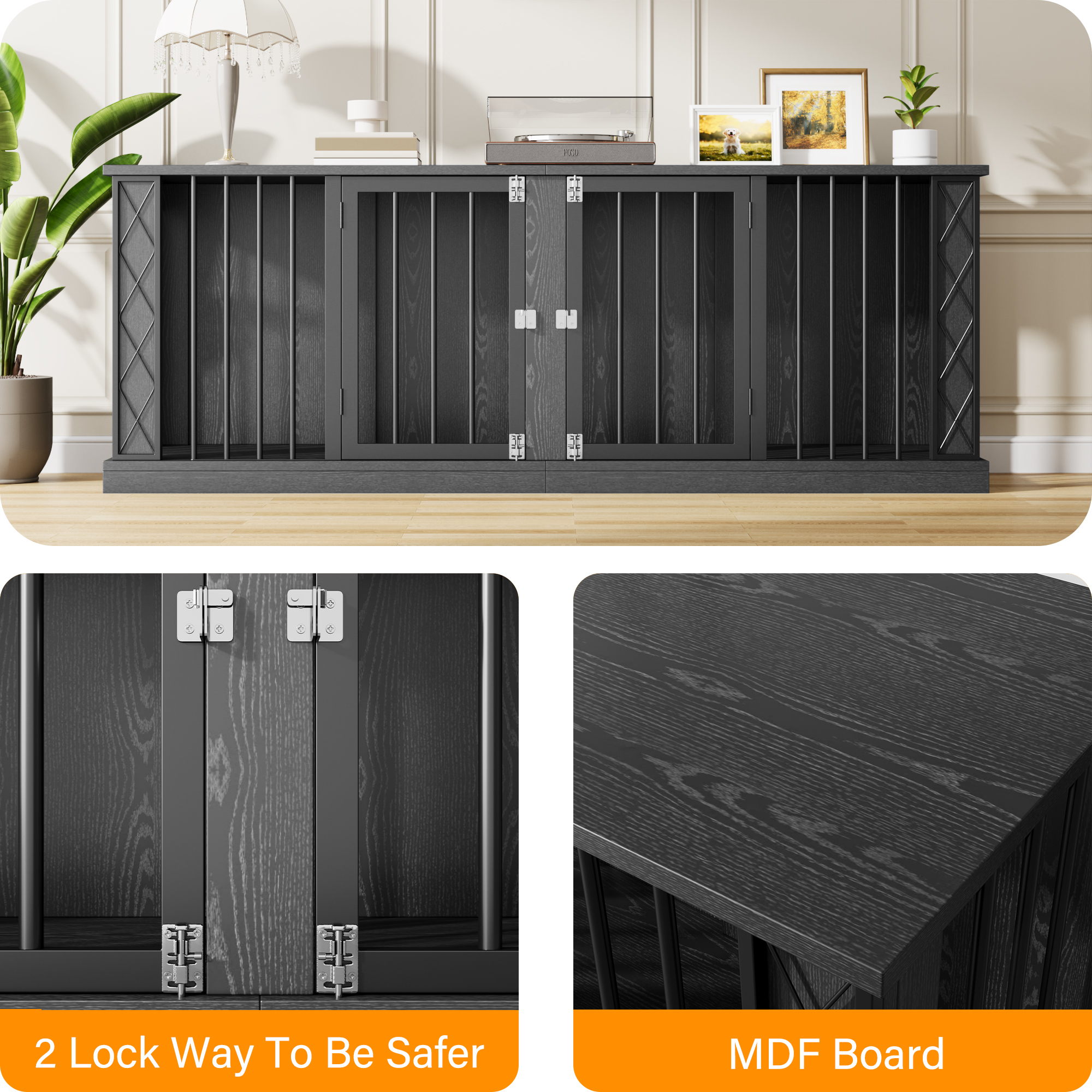 ModFurne 86.6" Dog Crate Furniture for Double Dogs, Heavy Duty Dog Cage Indoor for Small/Medium/Large Dogs, Dog Kennel Furniture Black