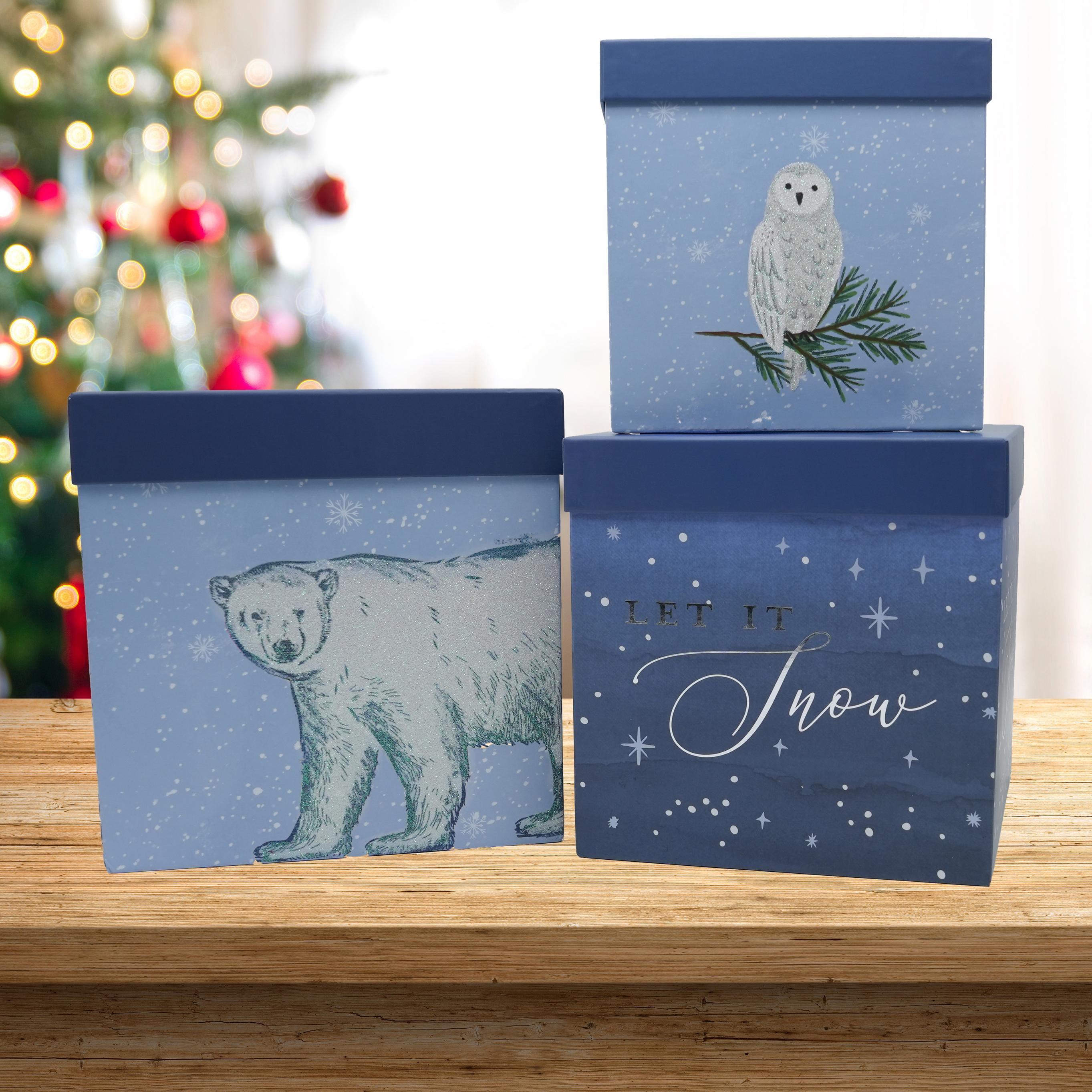 Modern Frost Let It Snow Polar Bear Nested Gift Boxes with Lids, Set of 3 (10" x 10", 9" x 9", 8" x 8"), by Holiday Time, Polar Bear Box Set