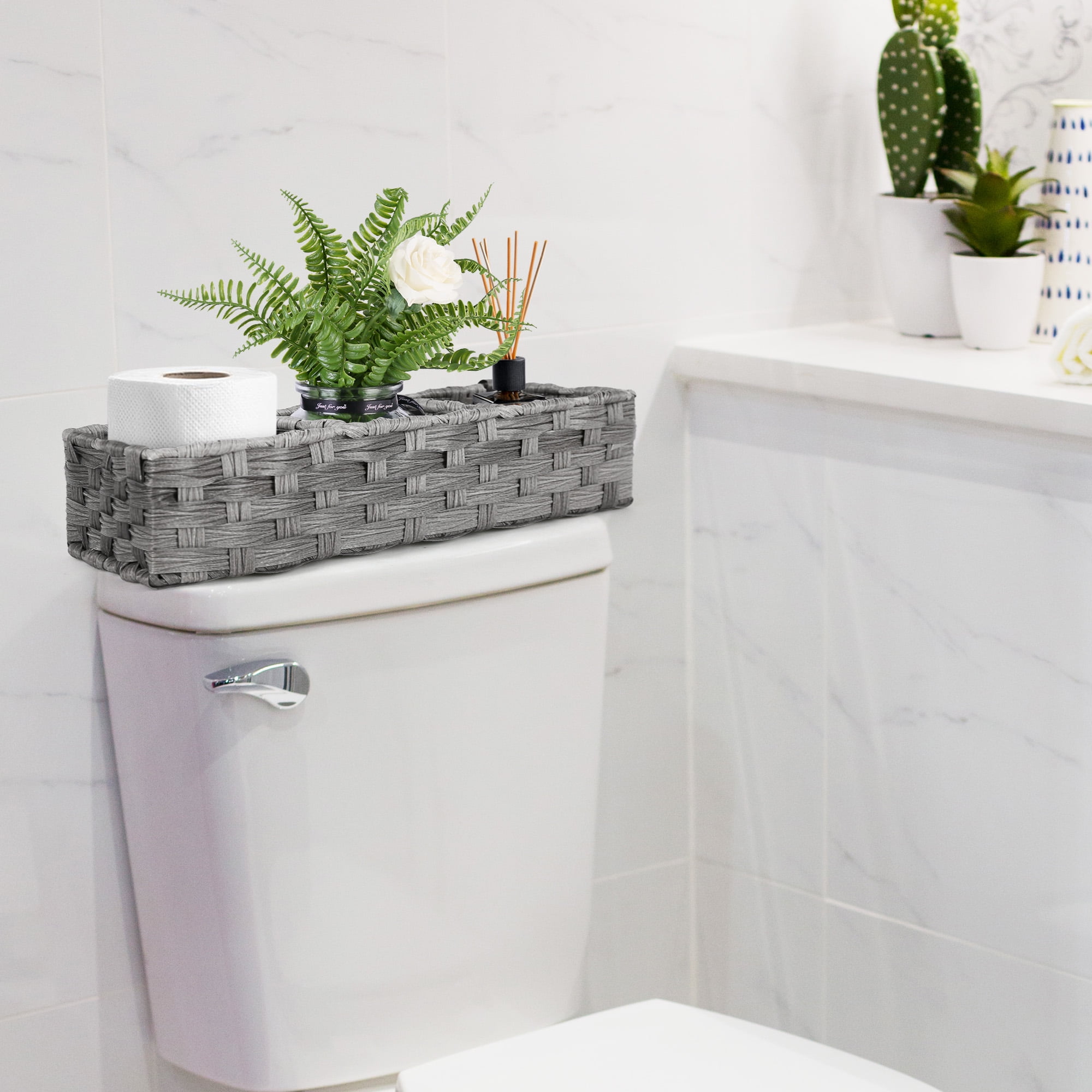 LotFancy Toilet Paper Storage Basket, 2 Pack Woven Wicker Toilet Tray Tank Topper Baskets,Gray