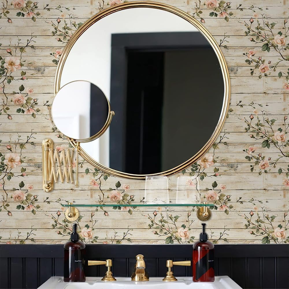 Rustic Wood Pink Wildflower Vine Rose Flower Peel and Stick Wallpaper Contact Paper Vintage Vinyl Stick on Wall Paper for Bedroom Bathroom Kitchen Cabinet Renter Friendly