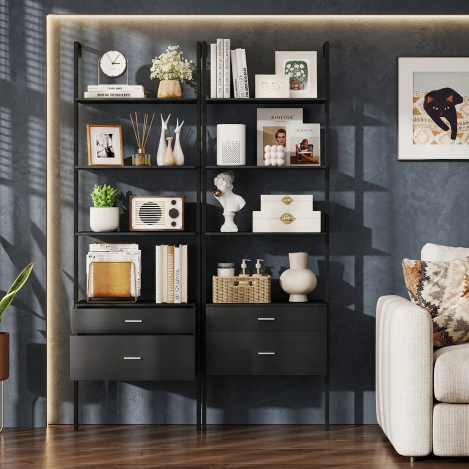Furnibear 6-Tier Ladder Bookcase with 2 Drawers and Metal Frame for Living Room Home Office Bedroom Display Storage Shelf, Black