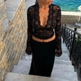 thumbnail image 4 of Top corto Miqil para mujer, encaje Y2K, manga larga, malla transparente, negro, 4 of 7
