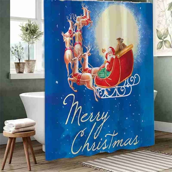 70x70 inch Santa Sleigh with Reindeer and Full Moon Christmas Shower Curtain, Waterproof Polyester Fabric with Hooks for Bathroom Decor