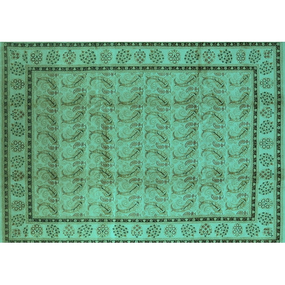 Ahgly Company Machine Washable Indoor Rectangle Oriental Turquoise Blue Industrial Area Rugs, 6' x 9'