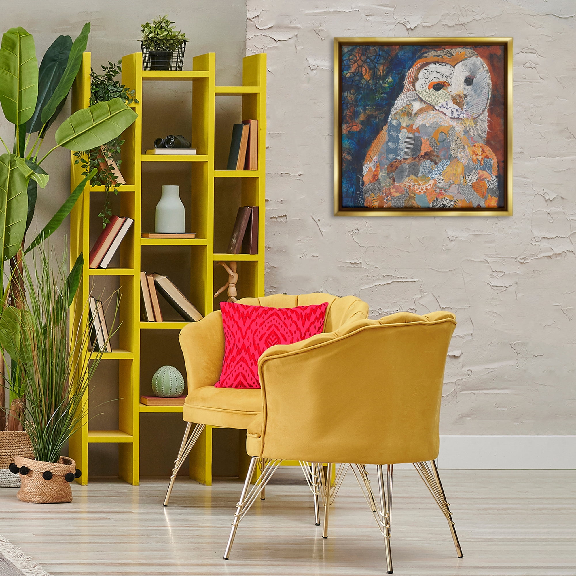 Stupell Industries Collage Patterned Owl Animals Painting Gold Floater Framed Canvas Art Print Wall Art, 25 x 25