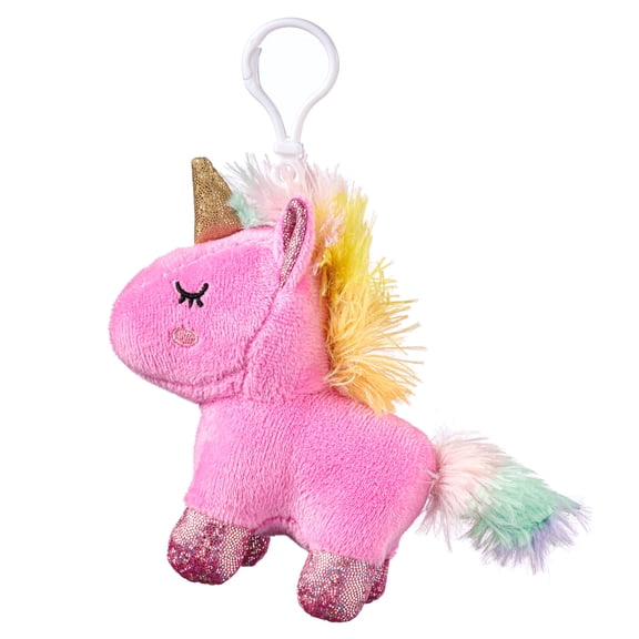 American Greetings Pink Unicorn Plush Backpack Clip with Rainbow Mane, Soft Keychain and Bag Charm for Kids (4 in., 1-Count)