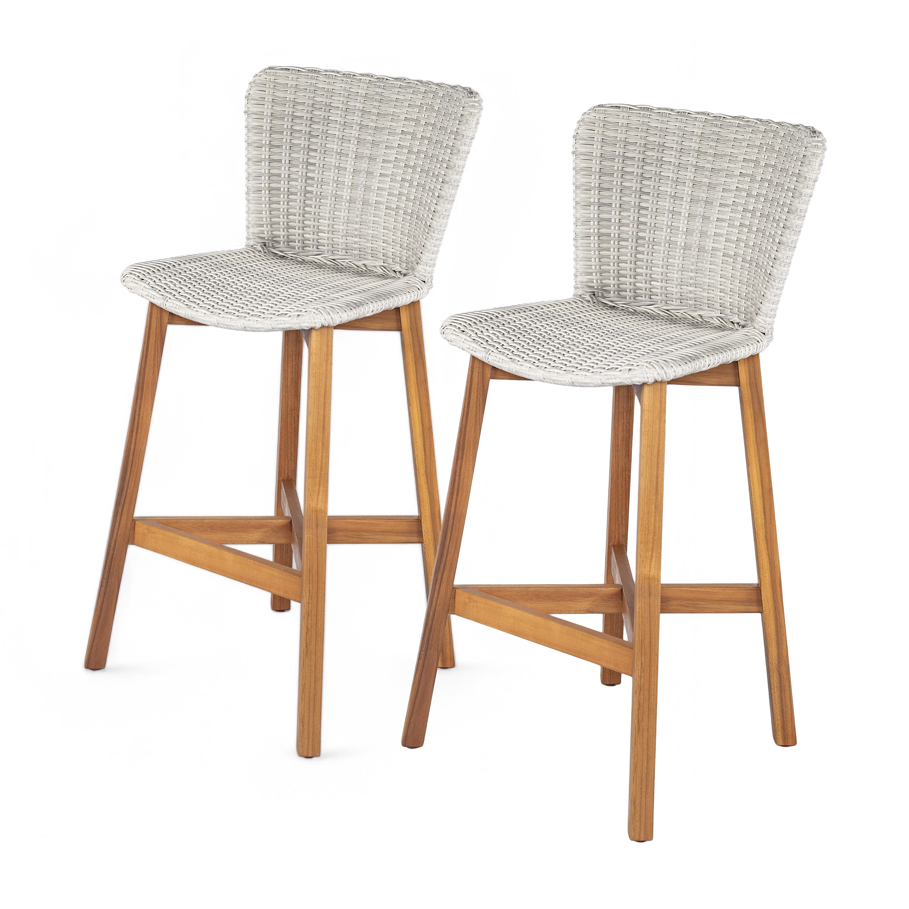 Outdoor Wood Wicker Bar Stools Set of 2 for Patio Bar, Teak