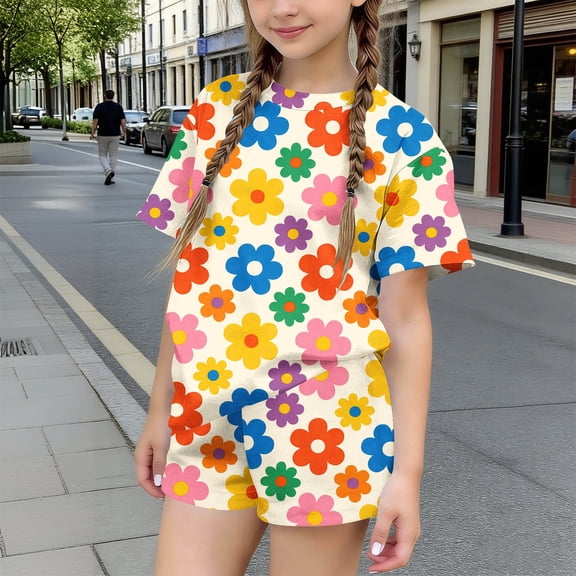 Girls Summer 2 Piece Outfit Retro Floral Print Short Sleeve T-Shirt & Shorts Set Beige Stretchy Breathable Sizes 3-15 Years,Size 11-12 T