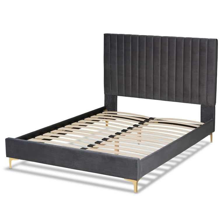Baxton Studio Serrano Contemporary Glam and Luxe Grey Velvet Fabric Upholstered and Gold Metal Queen Size Platform Bed Baxton Studio Serrano Contemporary Glam and Luxe Grey Velvet Fabric Upholstered and Gold Metal Queen Size Platform Bed