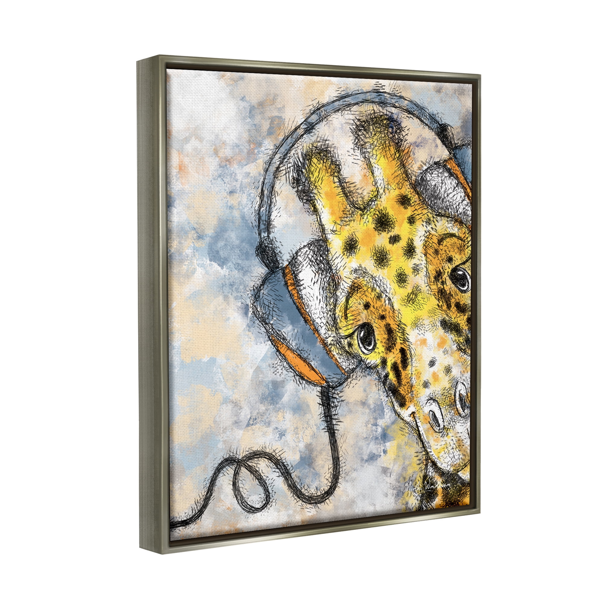 Stupell Industries Giraffe with Headphones Animals & Insects Painting Gray Floater Framed Art Print Wall Art, 25 x 31