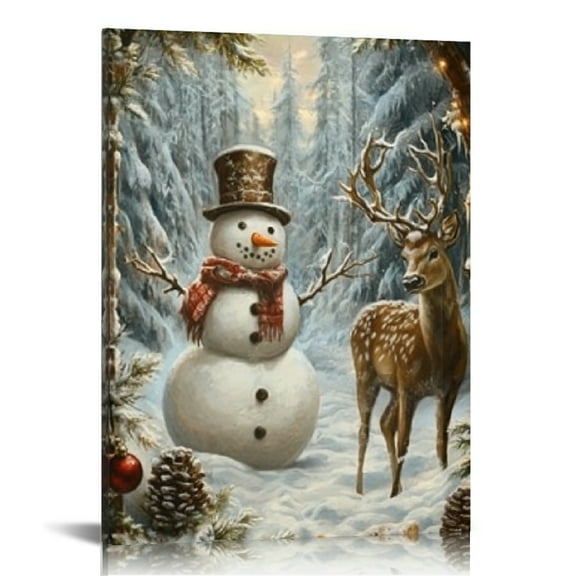 Creowell Snowman Deer Snowy Forest Canvas Print Wall Art Modern Christmas Home Decor Living Room Office 12x16in
