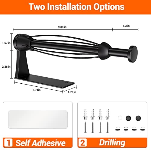 Under Cabinet Paper Towel Holder, Single-Hand Operated Wall Mount with Damping Effect, Self-Adhesive or Drill Installation for Kitchen and Bathroom, Black