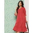 thumbnail image 4 of Janasya Women's Red Cotton Ethnic Motifs Printed Flared Western Dress, 4 of 7