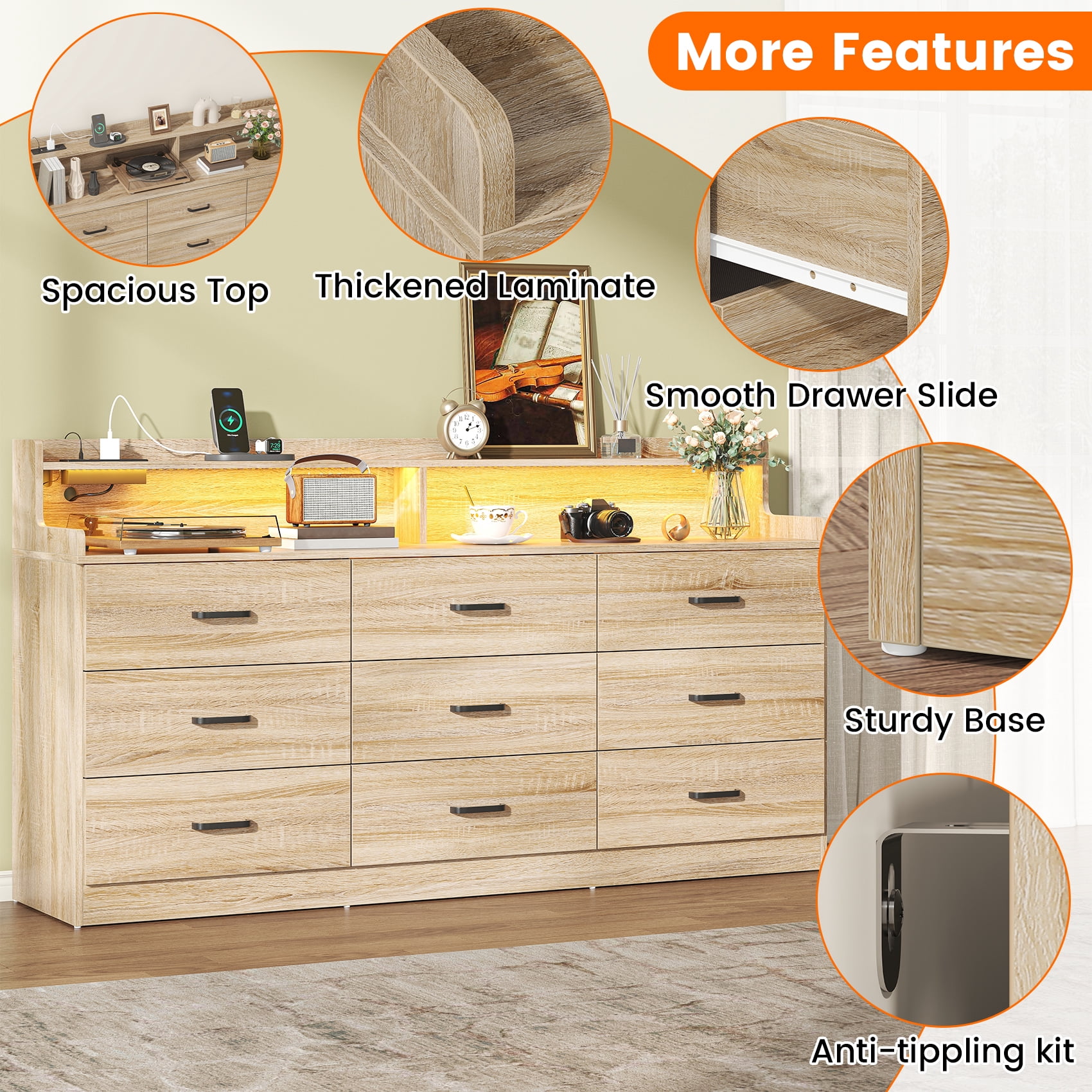 VVFLU Modern Dresser for Bedroom with LED Light, 9 Drawer Oak Dresser with Charging, Wooden Chest of Drawers, Large TV Stand for Bedroom