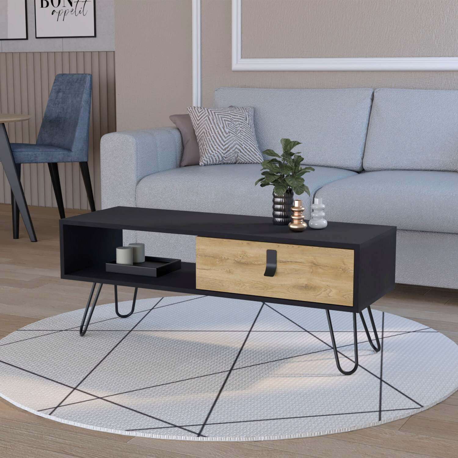FM FURNITURE Kimball Coffee Table with Drawer and Hairpin Legs