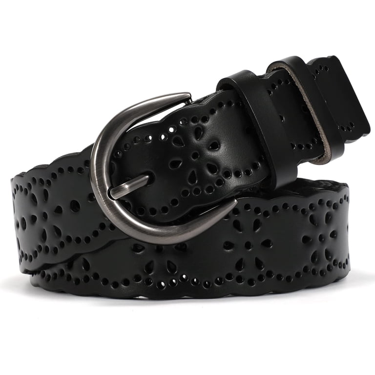 SUOSDEY Leather Belt Women Hollow Flower Design, Black photo 1