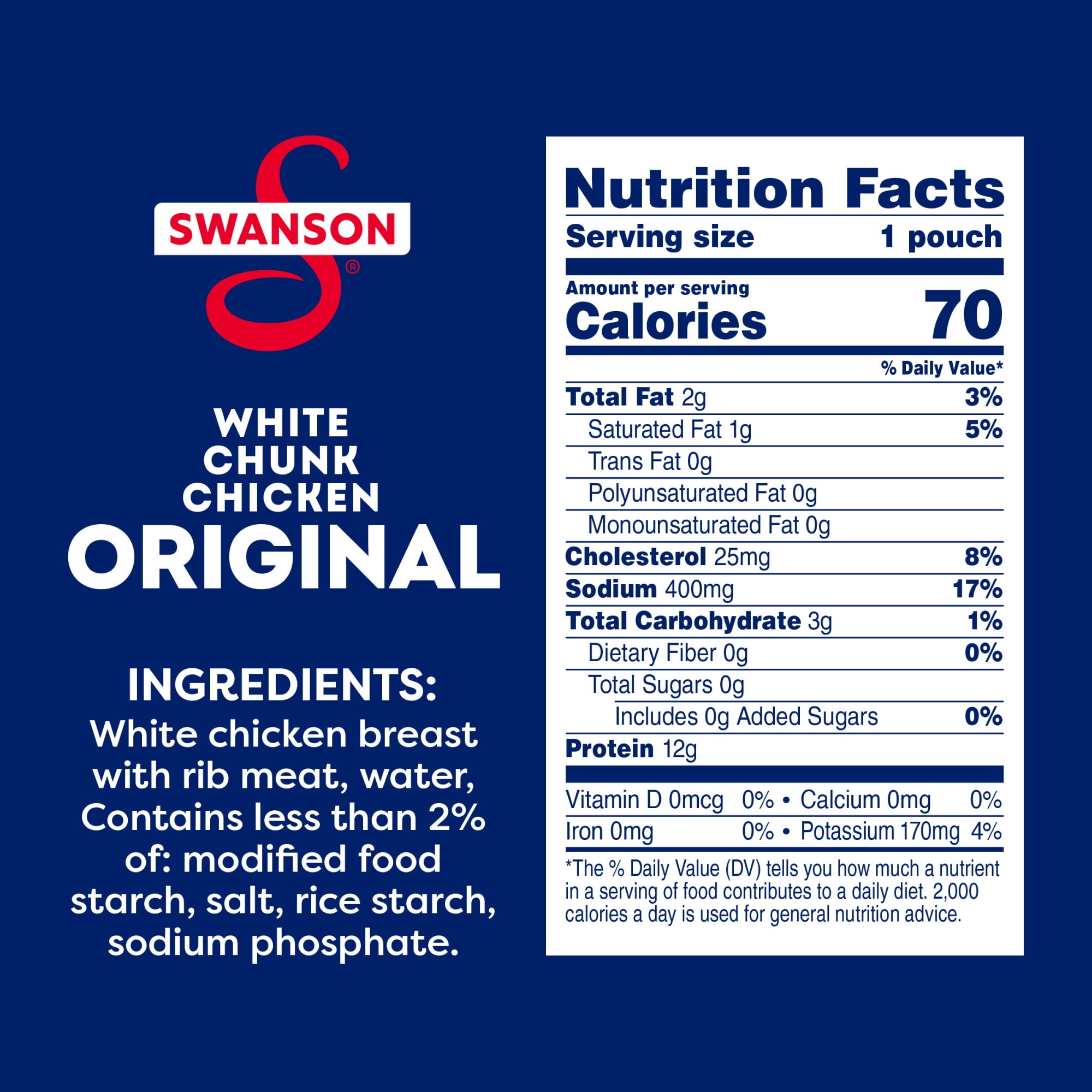 (12 pack) Swanson Original White Chunk Fully Cooked Chicken, Ready to Eat, Simple on-the-Go Meals, 2.6 oz Pouch