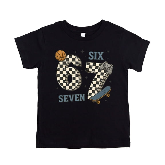 Checkered 6 7 Basketball, Skateboard & Gaming Shirt for Boys Funny Meme Graphic Tee for Kids Black Shirt 2T