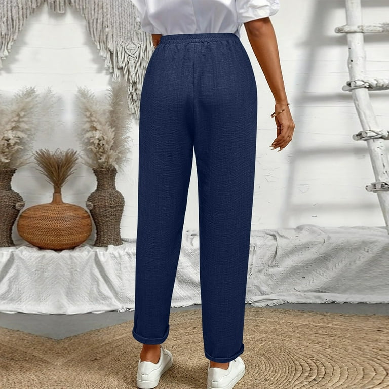 Womens Linen Dress Pants High Waisted Drawstring Elastic Waist
