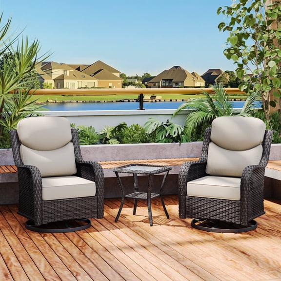 Brown Wicker Swivel Rocking Chair 3-Piece Set with Smiley Back & Side Table – Outdoor Patio Furniture, Beige