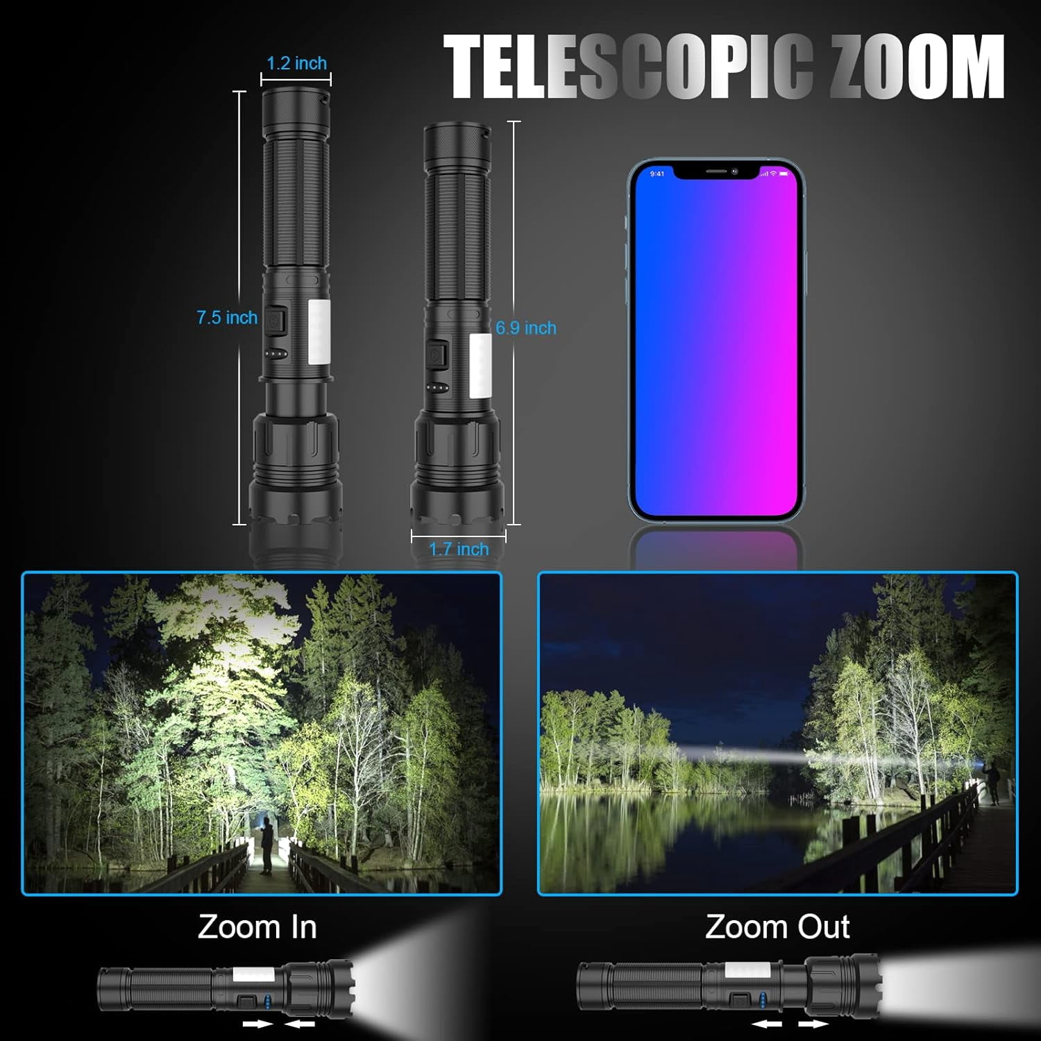 Super Bright 10000LM LED Flashlight - Magnetic, Rechargeable, 7 Modes & Zoomable - COB Side Light for Outdoor, Emergency Kits, Night Fishing, Camping,Hiking
