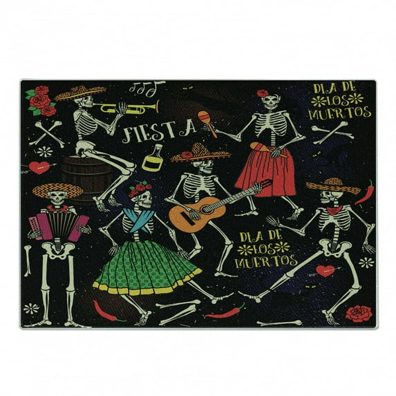 Skeleton Cutting Board, Dia de los Muertos Fiesta Themed Image with Sugar Skulls and Mexican Elements, Decorative Tempered Glass Cutting and Serving Board, in 3 Sizes, by Ambesonne