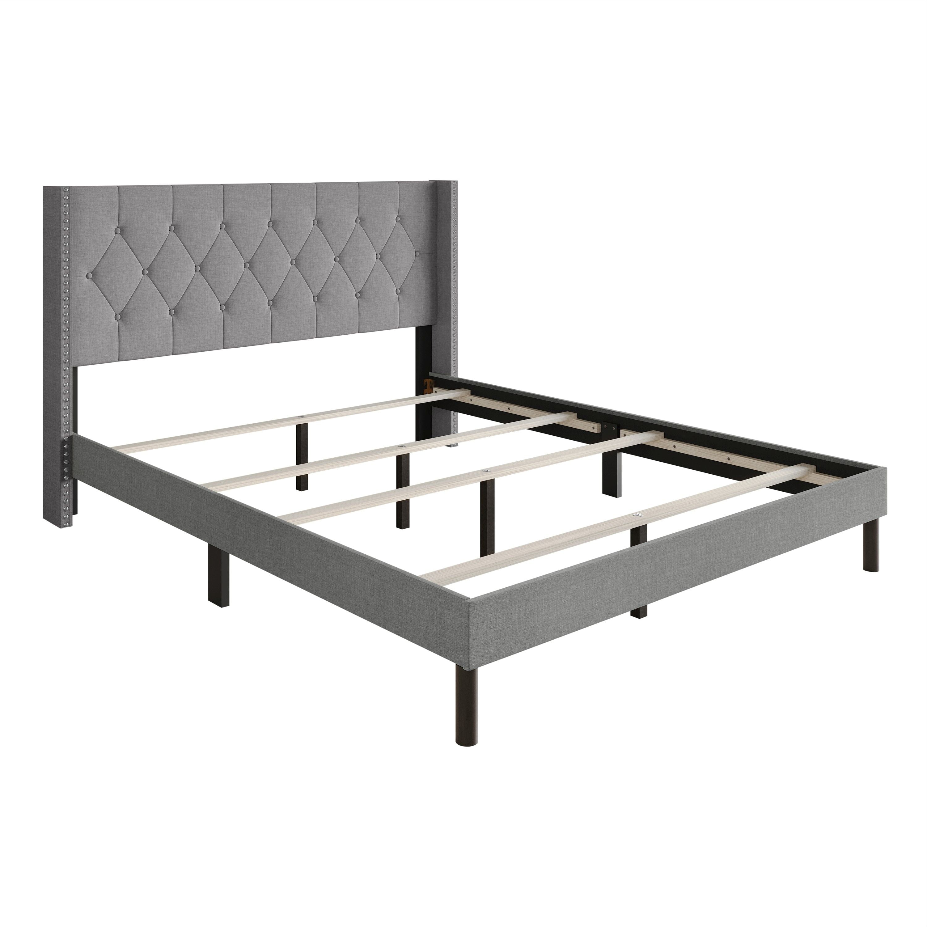 Home Design Cicero Queen Tufted Upholstered Wingback Panel Bed Frame with Button-Tufted Headboard & Nailhead Trim, Gray, Easy Assembly